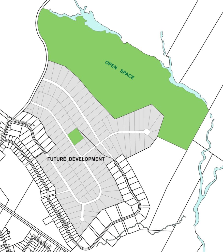 A map outlining a subdivision plan with a large open space area.