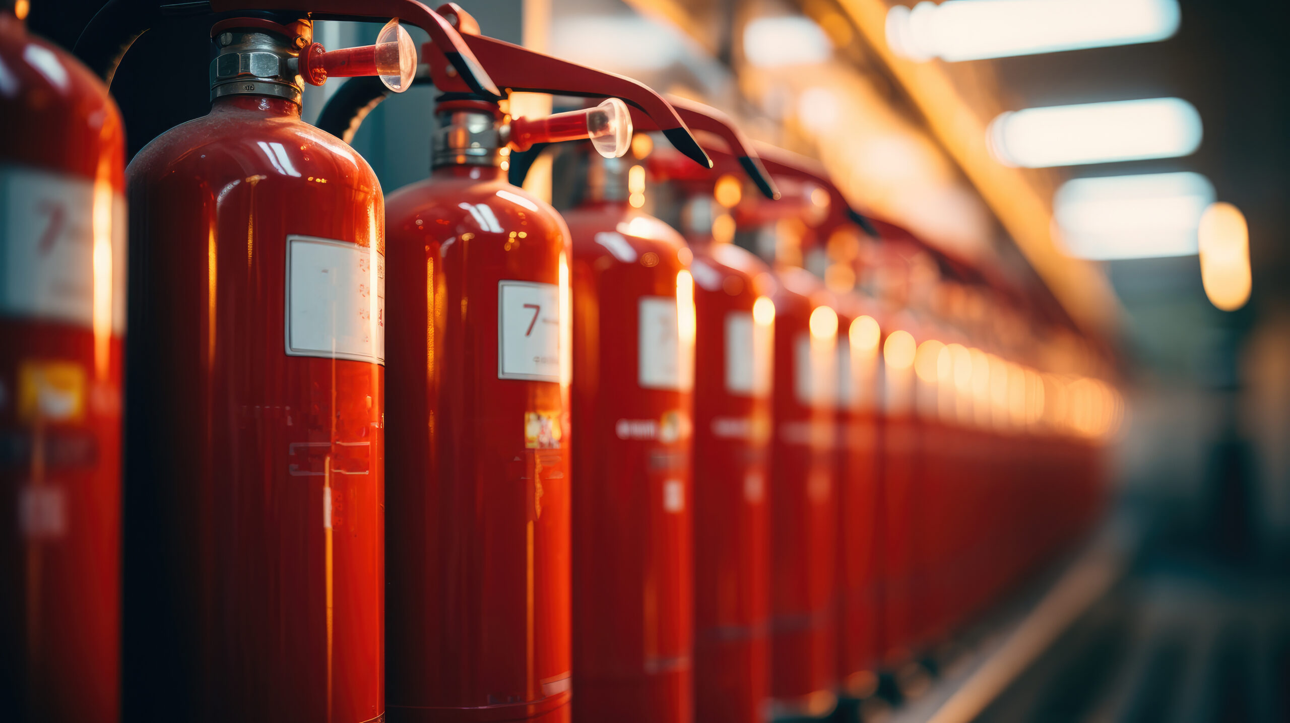 Close-up of row of fire extinguishers