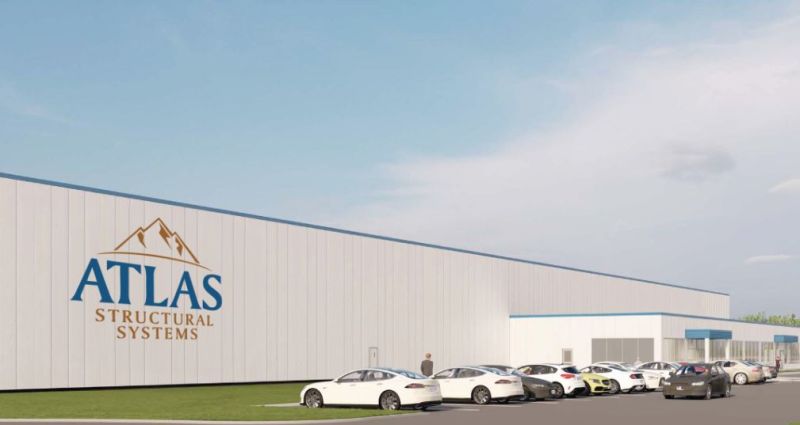 Digital rendering of a large white and blue manufacturing facility being built by Atlas Structural Systems in the Uniacke Business Park